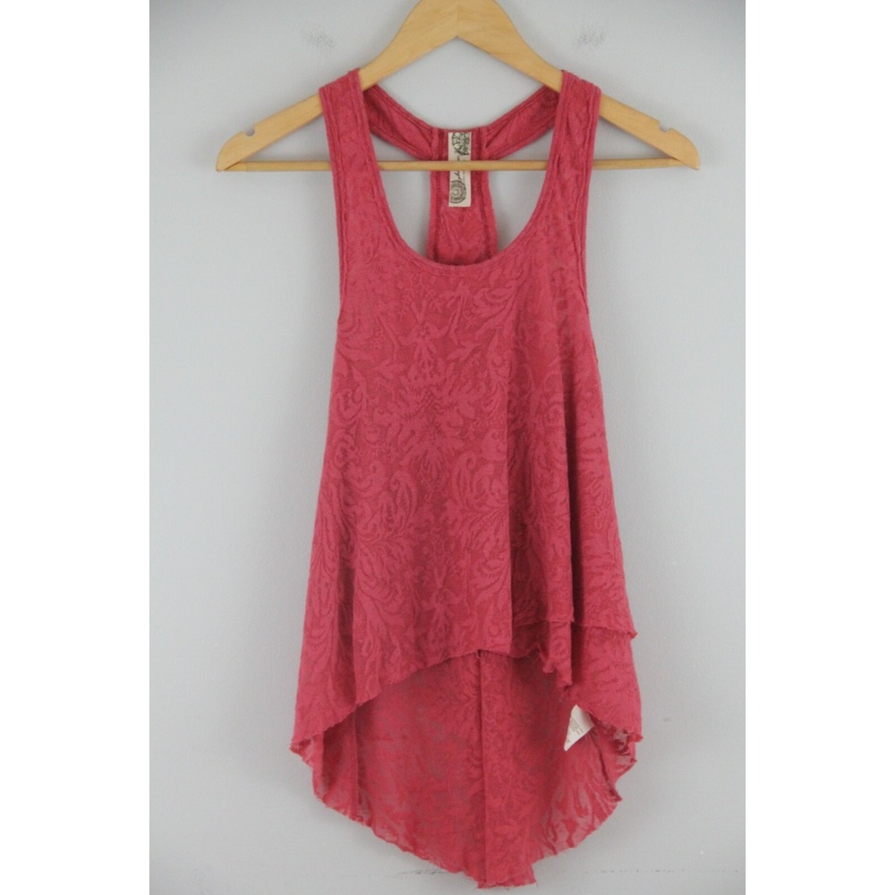 Free People XS Semi Sheer Lace Tank Top Nordstrom Red Beaded T back Hi low #394